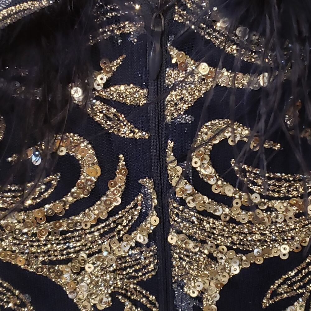 EY Boutique Blue & Silver Sparkle Sequin Gown w/ Feather Trim, Size XL | NWT - Picture 9 of 12
